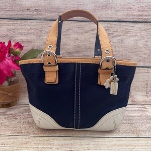 COACH blue white brown canvas leather daisy keychain small bag handbag 4427